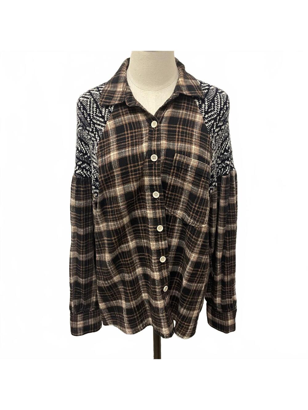 Free People Fireside Nights Buttondown Shirt Black Large L $168 OB845063